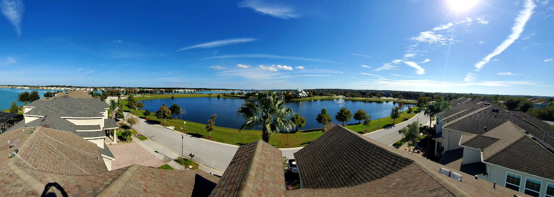 Aerial shot of roofs fixed by MGM Builders in Florida